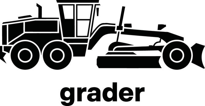 Black and white silhouette of a road grader with the word grader below vector