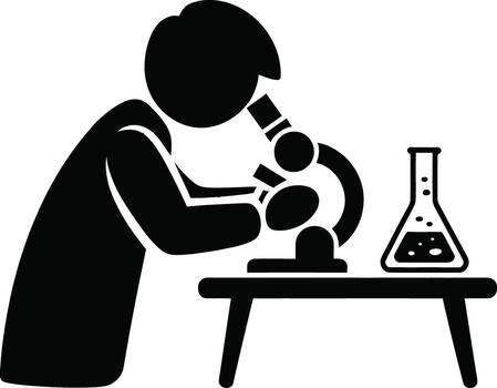 Scientist examining specimen under microscope with beaker on table vector