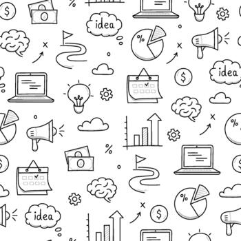 Business idea doodle seamless pattern background. Business success, creative idea concept doodle drawn sketch style pattern with lightbulb, megaphone, calendar elements vector