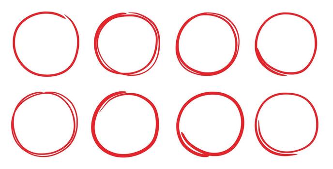 Hand drawn red marker round frame. Hand drawn marker stroke style doodle red circle frame. Scribble round frame for check, text highlight. Grunge scratch style. vector