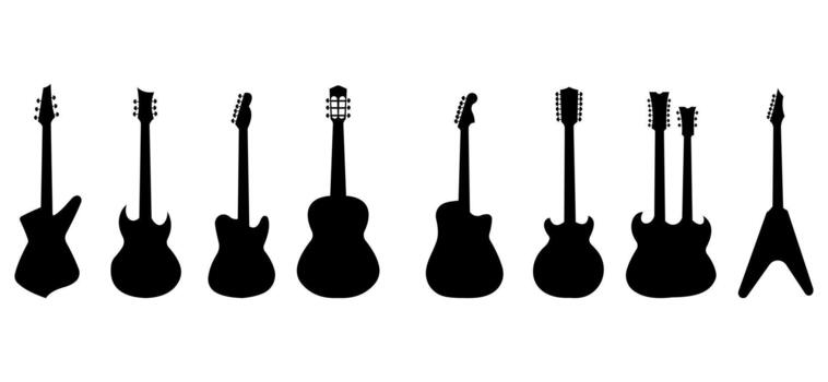 Set of black guitar silhouettes in various shapes arranged in a clean horizontal row on a white background vector