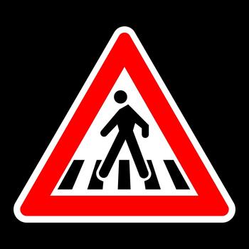 Warning traffic sign showing a pedestrian crossing symbol inside a red triangular frame vector
