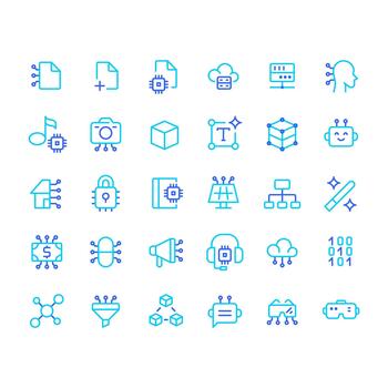 Artificial intelligence colorful line ui icons set. Cybersecurity, privacy. Data processing, analytics. Isolated duotone linear symbols pack. User interface elements, pixel perfect vector