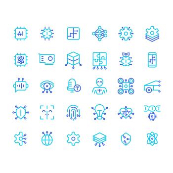 Artificial intelligence colorful line ui icons set. Data processing, management. Cloud infrastructure. Isolated duotone linear symbols pack. User interface elements, pixel perfect vector