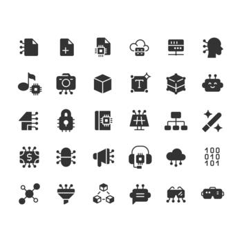 artificial inteligencia glifo ui íconos colocar. la seguridad cibernética, privacidad. datos Procesando, analítica. negro sólido símbolos conjunto de iconos. usuario interfaz plano elementos recopilación, píxel Perfecto vector