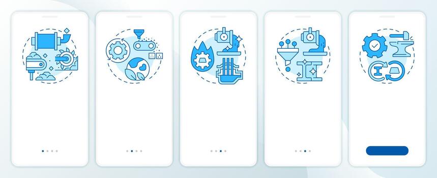 Stages of metallurgical process blue onboarding mobile app screen. Walkthrough 5 steps editable graphic instructions with linear concepts. UI, UX, GUI vector