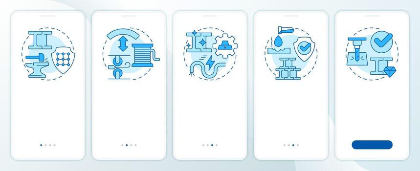 Properties of metals blue onboarding mobile app screen. Metalworking. Walkthrough 5 steps editable graphic instructions with linear concepts. UI, UX, GUI vector