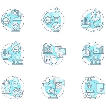 Metallurgy soft blue concept icons. Processes of exploration and casting metals. Heavy industry branch. Icon pack. Round shape illustrations for presentation. Abstract idea vector