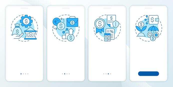 Financial system structure blue onboarding mobile app screen. Walkthrough 4 steps editable graphic instructions with linear concepts. UI, UX, GUI vector