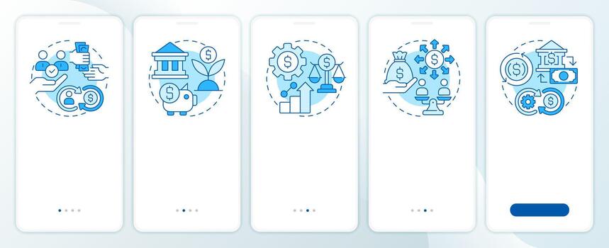 Financial system main functions blue onboarding mobile app screen. Walkthrough 5 steps editable graphic instructions with linear concepts. UI, UX, GUI vector