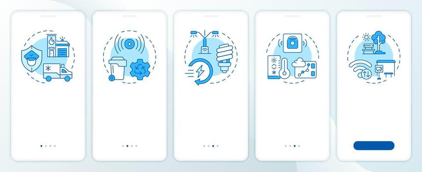 Smart city infrastructure and services blue onboarding mobile app screen. Walkthrough 5 steps editable graphic instructions with linear concepts. UI, UX, GUI vector