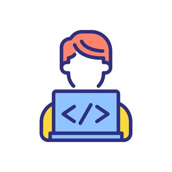 Programmer pixel perfect line color icon. Web developer working on laptop. Engineer writing software code. Cybersecurity. Isolated illustration. Flat colorful symbol design. Editable stroke vector