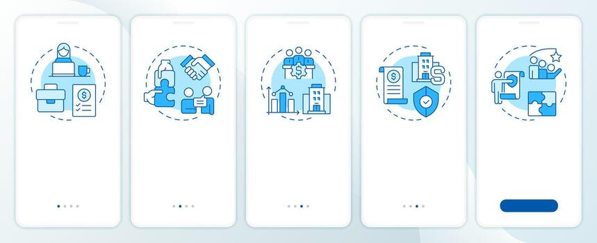 negocio estructuras azul inducción móvil aplicación pantalla. desarrollo. recorrido 5 5 pasos editable gráfico instrucciones con lineal conceptos. ui, ux, gui vector