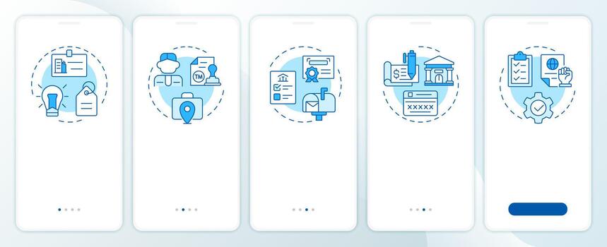 Create LLC blue onboarding mobile app screen. Limited liability company. Walkthrough 5 steps editable graphic instructions with linear concepts. UI, UX, GUI vector
