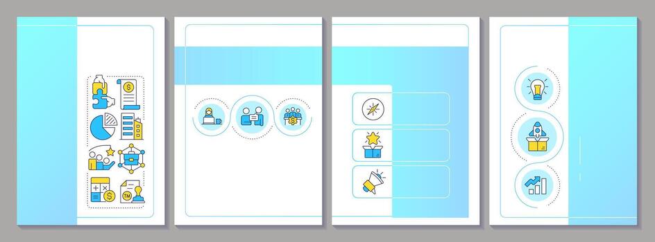 Startup playbook blue brochure layout. Business structures, plan and growth stages. Leaflet advertising design with color line icons. Editable 4 pages vector