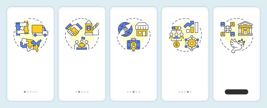 Trading blocs onboarding mobile app screen. Customs union. Walkthrough 5 steps editable graphic instructions with linear concepts. UI, UX, GUI vector