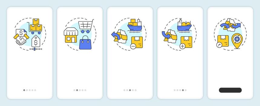 Types of trade onboarding mobile app screen. Retail business. Walkthrough 5 steps editable graphic instructions with linear concepts. UI, UX, GUI vector