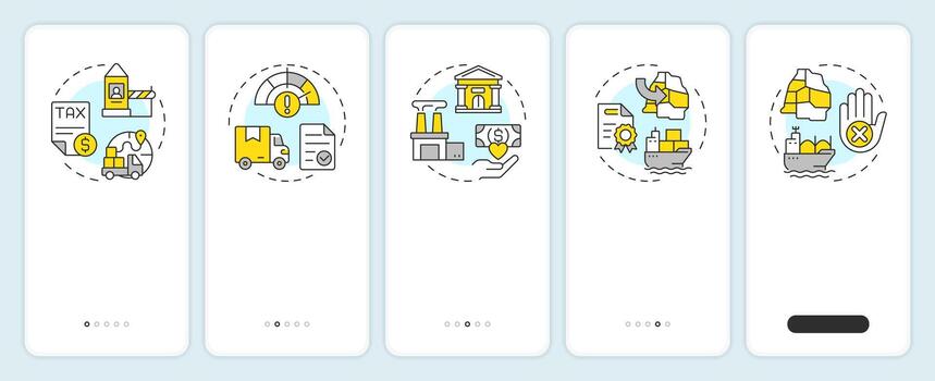 Trade barriers onboarding mobile app screen. Governmental subsidies. Walkthrough 5 steps editable graphic instructions with linear concepts. UI, UX, GUI vector