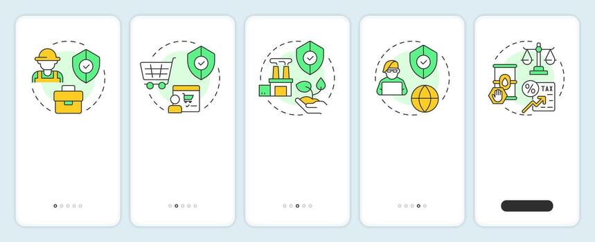 Trade protectionism reasons onboarding mobile app screen. Walkthrough 5 steps editable graphic instructions with linear concepts. UI, UX, GUI vector