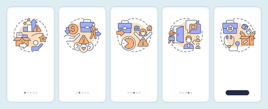 Causes of voluntary employee turnover onboarding mobile app screen. Walkthrough 5 steps editable graphic instructions with linear concepts. UI, UX, GUI vector