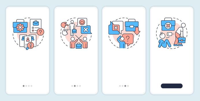 Causes of involuntary employee turnover onboarding mobile app screen. Walkthrough 4 steps editable graphic instructions with linear concepts. UI, UX, GUI vector