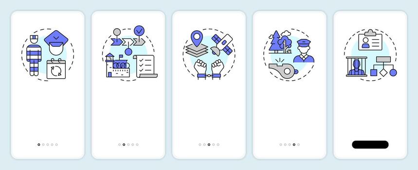 Correctional management systems onboarding mobile app screen. Walkthrough 5 steps editable graphic instructions with linear concepts. UI, UX, GUI vector