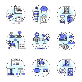 Corrections management multi color concept icons. Criminals punishment and rehabilitation processes. Prisons control. Icon pack. Round shape illustrations for website. Abstract idea vector