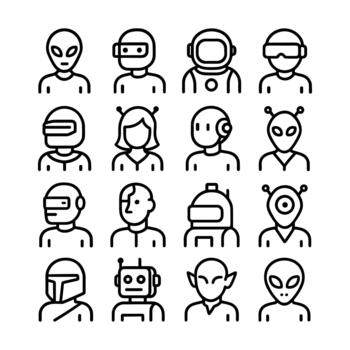 contorno sencillo varios futurista personaje cabeza extraterrestre robot icono conjunto vector