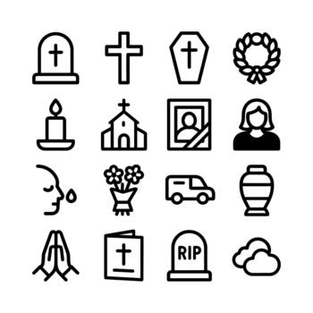 Simple Outline Grief and Funeral Ceremony Icon Set for Web and Mobile vector