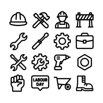Outline Simple Labour Day Icon Set with Construction and Work Tools vector