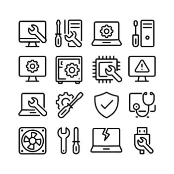 Outline Simple Style Computer Repairing Service and Maintenance Symbol Icon Set vector