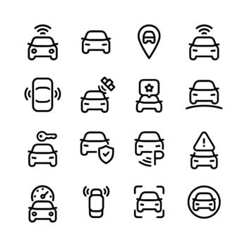 Simple Outline Various Car Automation and Assistance Features Line Icon Set vector