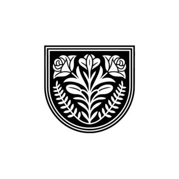 A crest emblem featuring symmetrical stylized roses and fernlike leaves encased within a doublelined shield shape vector