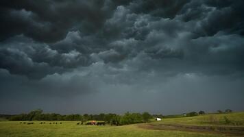 storm wolken rollen aan de overkant de lucht over- velden met koeien rennen video