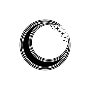 A dynamic abstract circular featuring a crescent moon shape with cascading stylized stars and lines vector