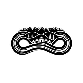 Minimalist illustration of a serene mountain village nestled within an endless infinity loop of stylized water waves and abstract rolling hills vector