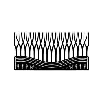 estilizado resumen ilustración representando un denso bosque de Delgado arboles encima un ondulado agua elemento con pequeño follaje patrones vector