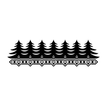 A stylized silhouette border featuring a row of seven pine trees with small pinecones and an intricate geometric decorative band below them vector