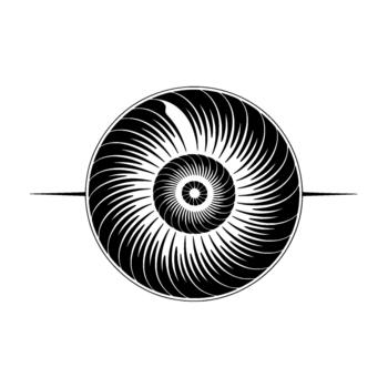 A highly detailed monochrome abstract geometric circular featuring a spiraling pattern of sharp lines converging towards a central point vector