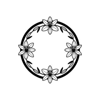 un minimalista lineal presentando un circular marco adornado con estilizado lirios y delicado hojas vector
