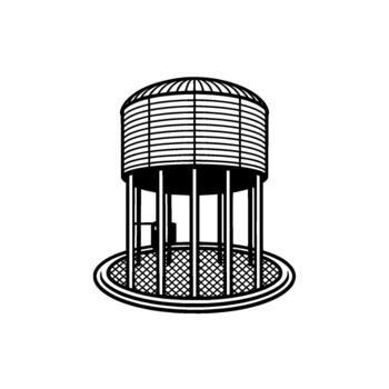 A stark illustration of a classic round water tower with ribbed siding and a domed roof supported by numerous vertical pillars over a patterned platform isolated vector
