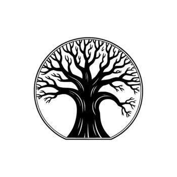A striking circular of an ancient stylized tree of life with intricate branches and a thick trunk isolated vector