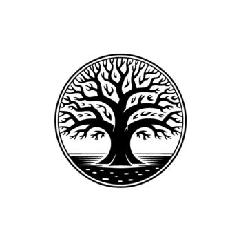 A striking circular emblem featuring a stylized tree of life with intricate branching patterns and a textured ground element within a bold outline vector