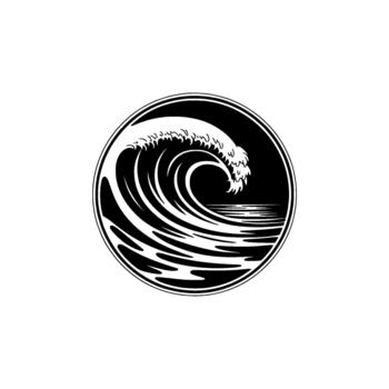A stylized illustration of a powerful crashing ocean wave captured within a circular frame vector