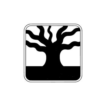 Stylized monochrome illustration of an ancient gnarled oak tree with outstretched branches and fallen leaves at its base enclosed within a rounded square border vector
