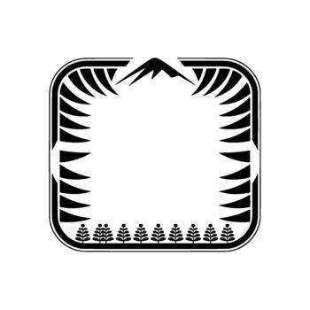 Stylized minimalist emblem featuring sharp mountain peaks above a repeating pattern of stylized foliage within a rounded square frame vector