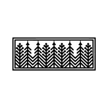 A monochrome geometric pattern of stylized coniferous trees arranged in a repeating horizontal row within a rectangular frame vector