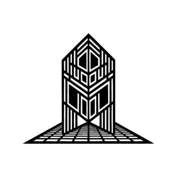 un resumen geométrico composición presentando un estilizado arquitectónico silueta con óptico espejismo perspectiva y un estampado cuadrícula piso vector