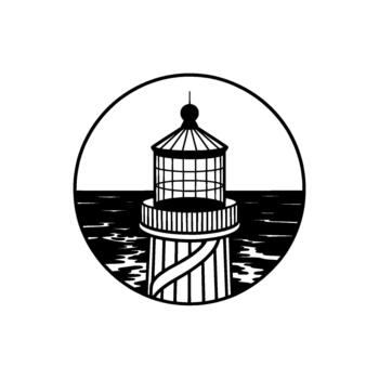 Striking illustration of a classic lighthouse at sea rendered in a circular emblem with stylized waves and a minimalistic aesthetic vector