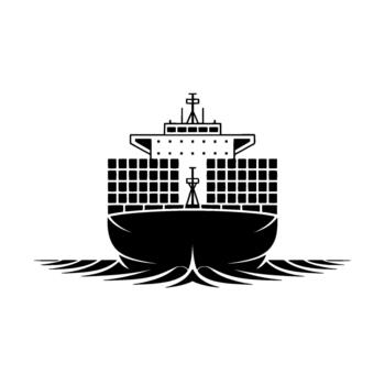 Front view minimalist illustration of a large cargo container ship sailing through stylized waves vector